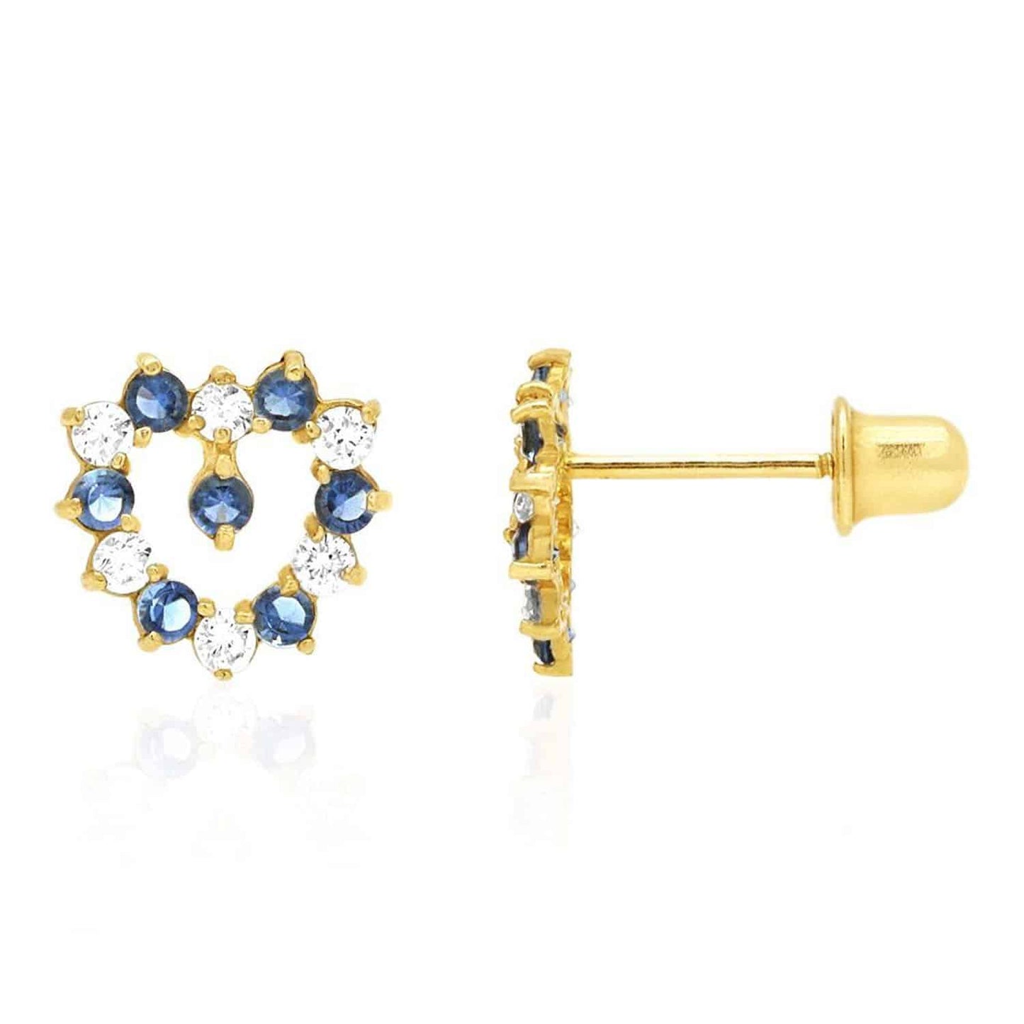 14K Yellow Gold Birthstone And White Zircon Heart Baby Screw Back Stud Earrings