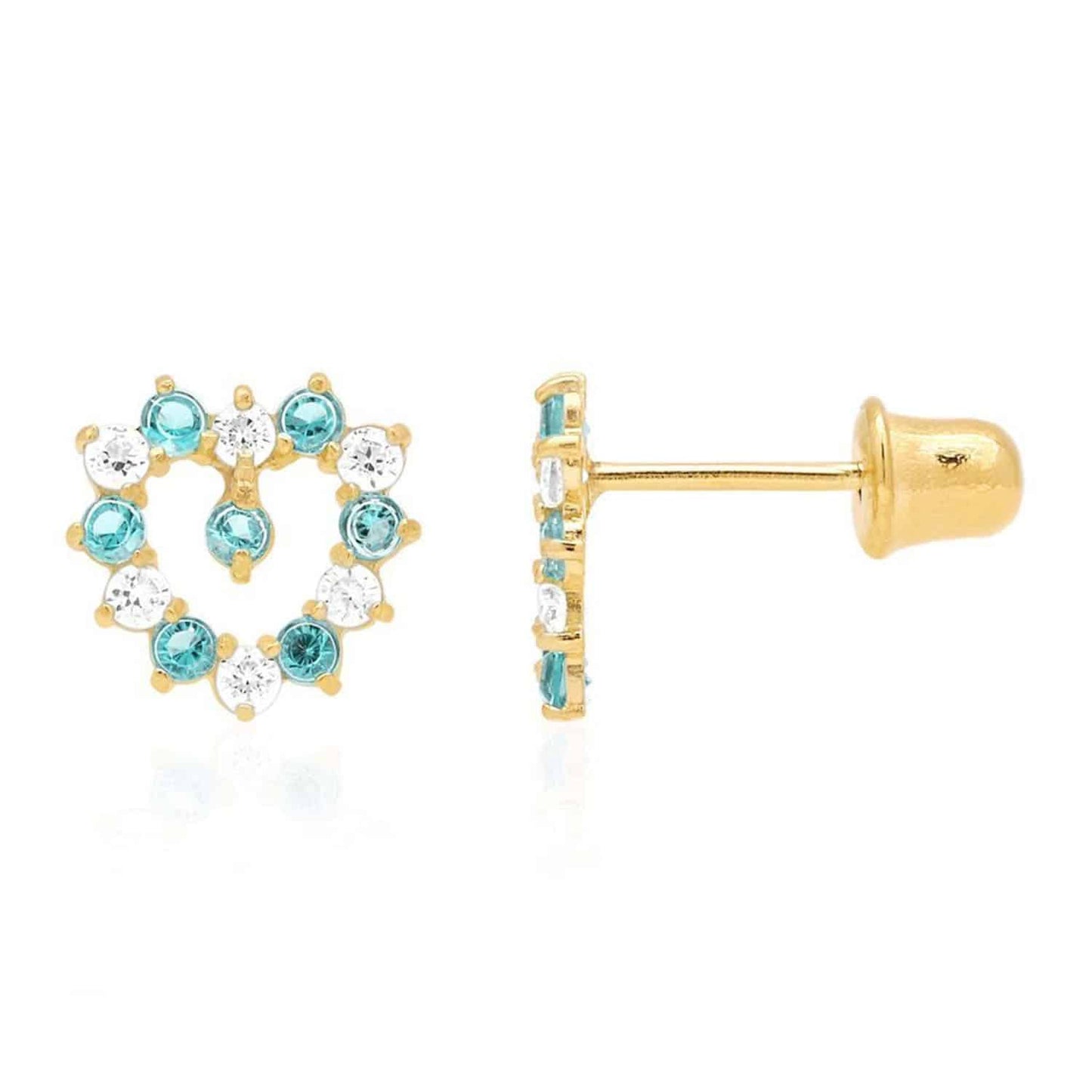14K Yellow Gold Birthstone And White Zircon Heart Baby Screw Back Stud Earrings
