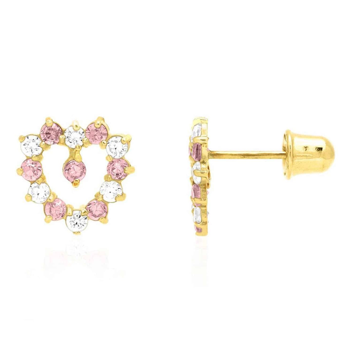 14K Yellow Gold Birthstone And White Zircon Heart Baby Screw Back Stud Earrings