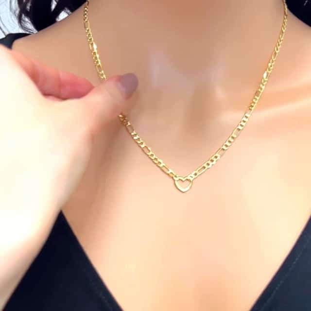 14K Yellow Gold Open Heart Pendant Figaro Chain Necklace 18"