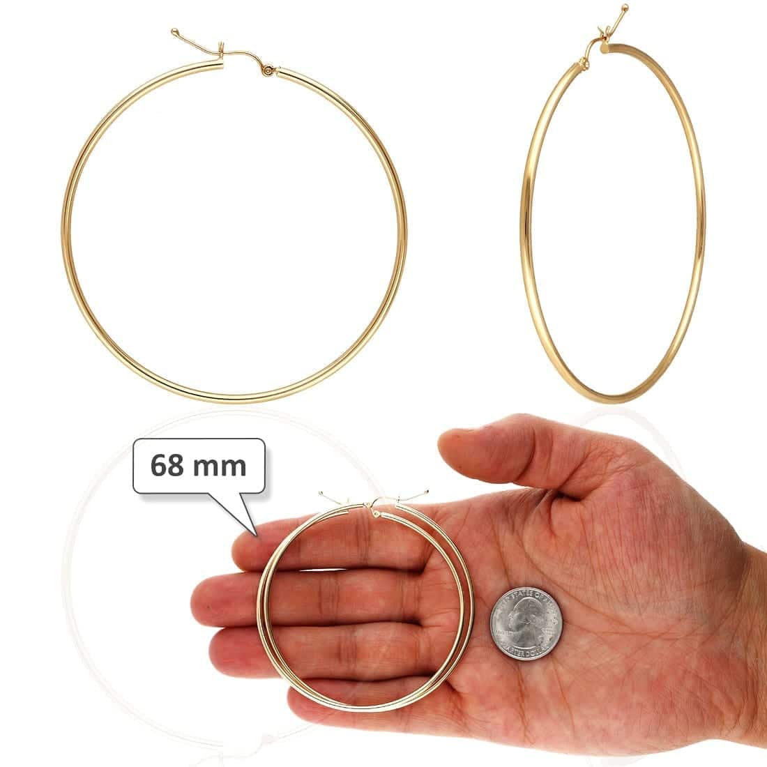 14K Yellow White Gold 2mm Round Hoop Earrings 22mm-76mm