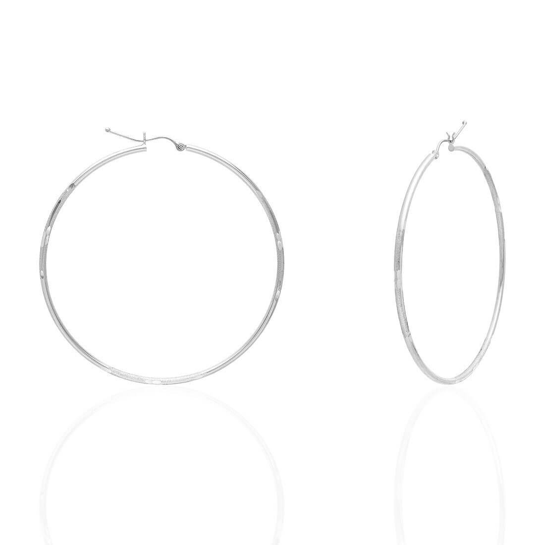14K White Gold 2mm Diamond-Cut Round Hoop Earrings 22-76mm