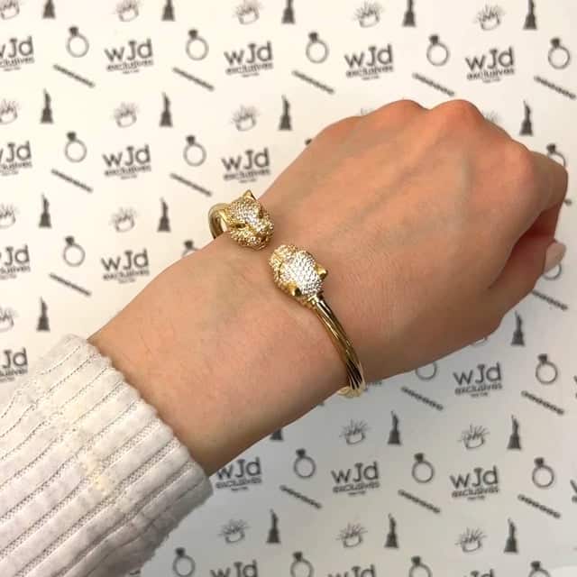 14K Yellow Gold CZ Pave Panther Head Bangle Bracelet 6.75"
