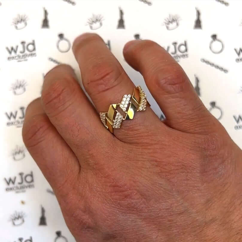 14K Real Gold Yellow CZ Pave Edge Cuban Ring