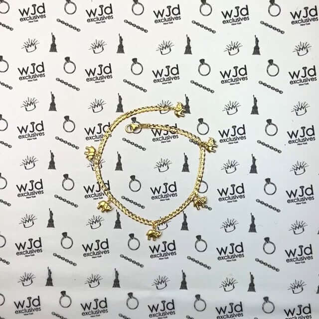 14K Yellow Gold Cuban 3.5mm Elephant Charm Anklet 9"-10" Adjustable