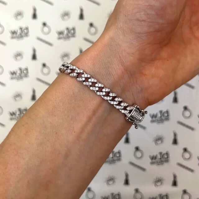 18K White Gold Over Silver CZ 6mm Pave Heart Miami Bracelet 7"-8"