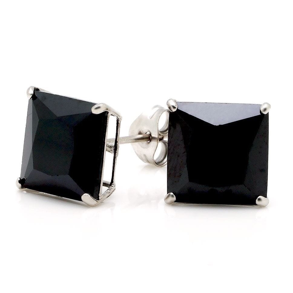 6CTW CZ Black Princess 14K White Gold Push Back Stud Earrings 8mm