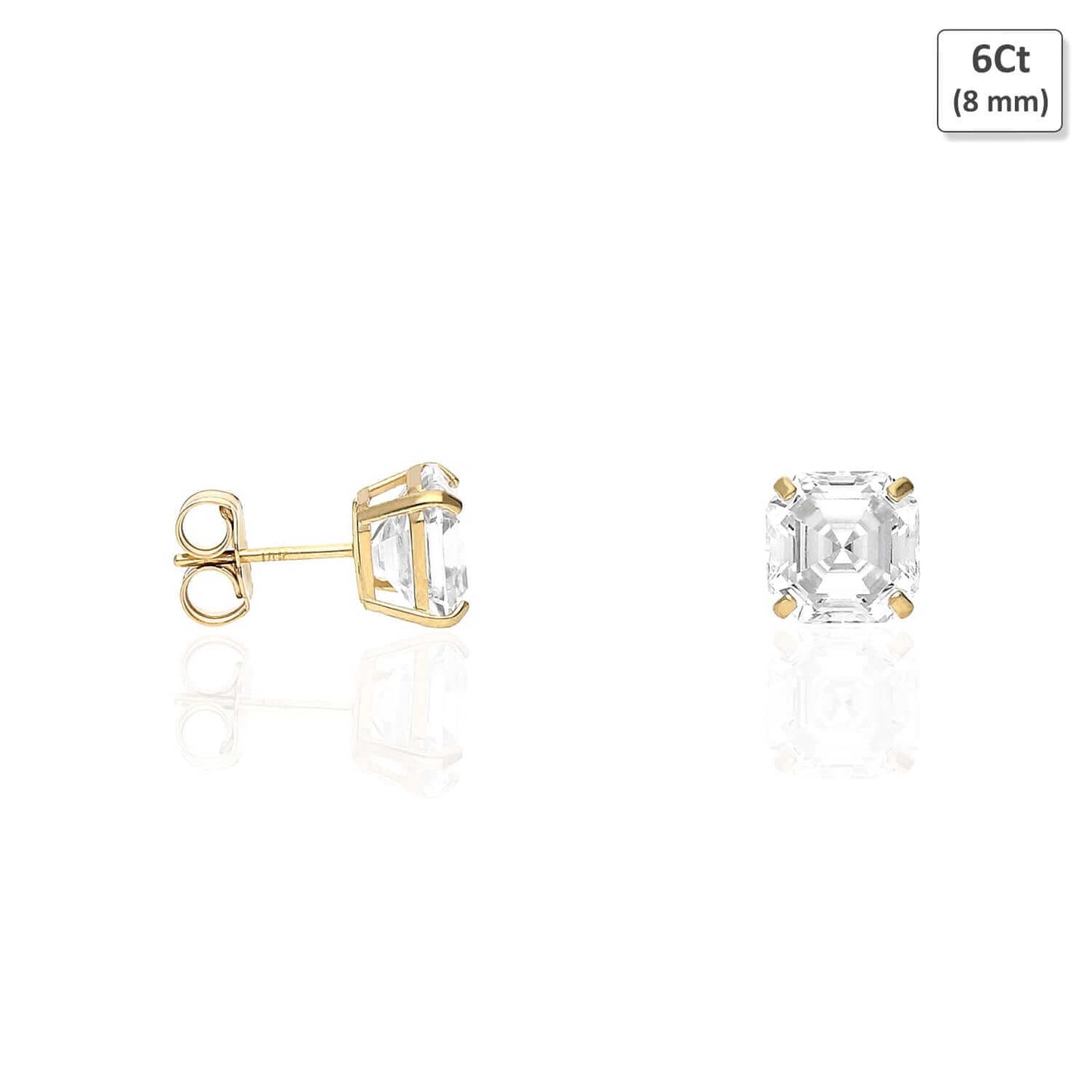 14K Yellow Gold Asscher-Cut CZ Push Back Stud Earrings 1.5Ct-6Ct