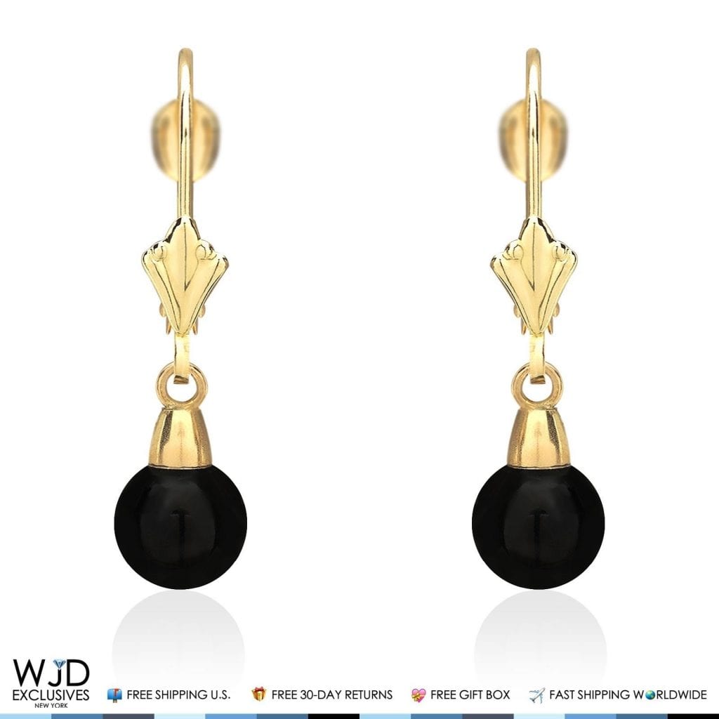 6mm-10mm Diameter Ball Shaped Onyx Dangle Leverback Earrings 14K Yellow Gold