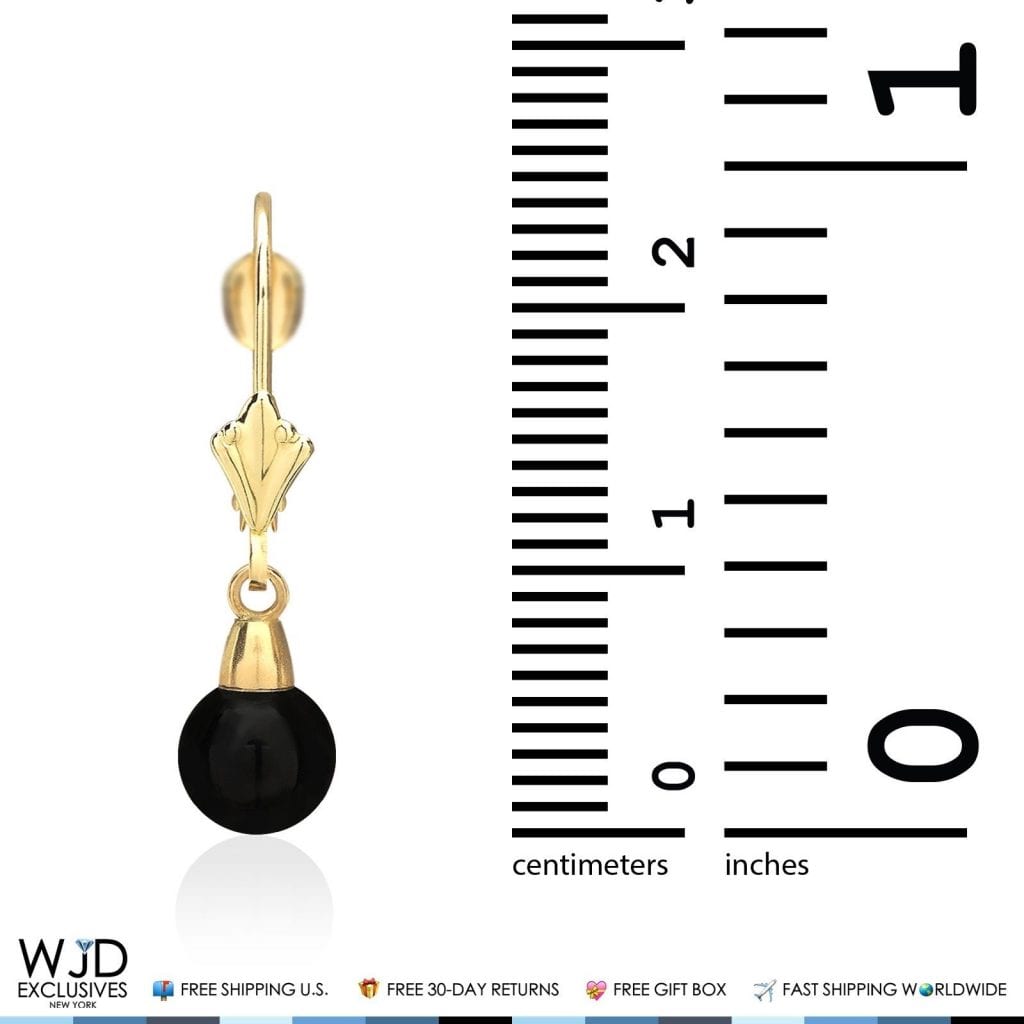6mm-10mm Diameter Ball Shaped Onyx Dangle Leverback Earrings 14K Yellow Gold