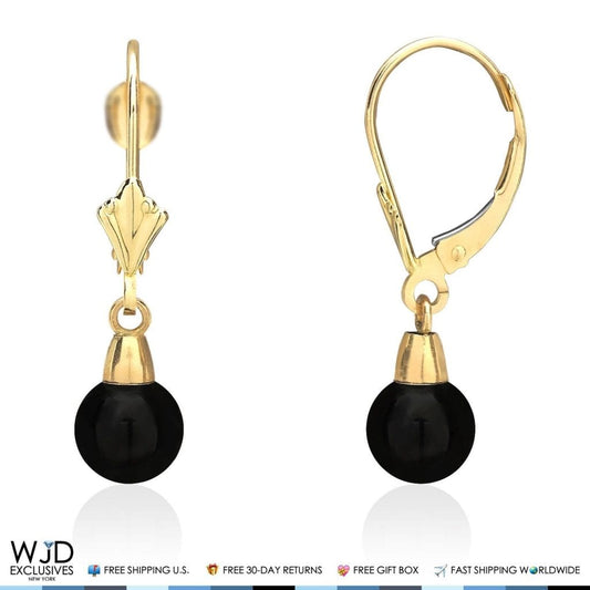 6mm-10mm Diameter Ball Shaped Onyx Dangle Leverback Earrings 14K Yellow Gold