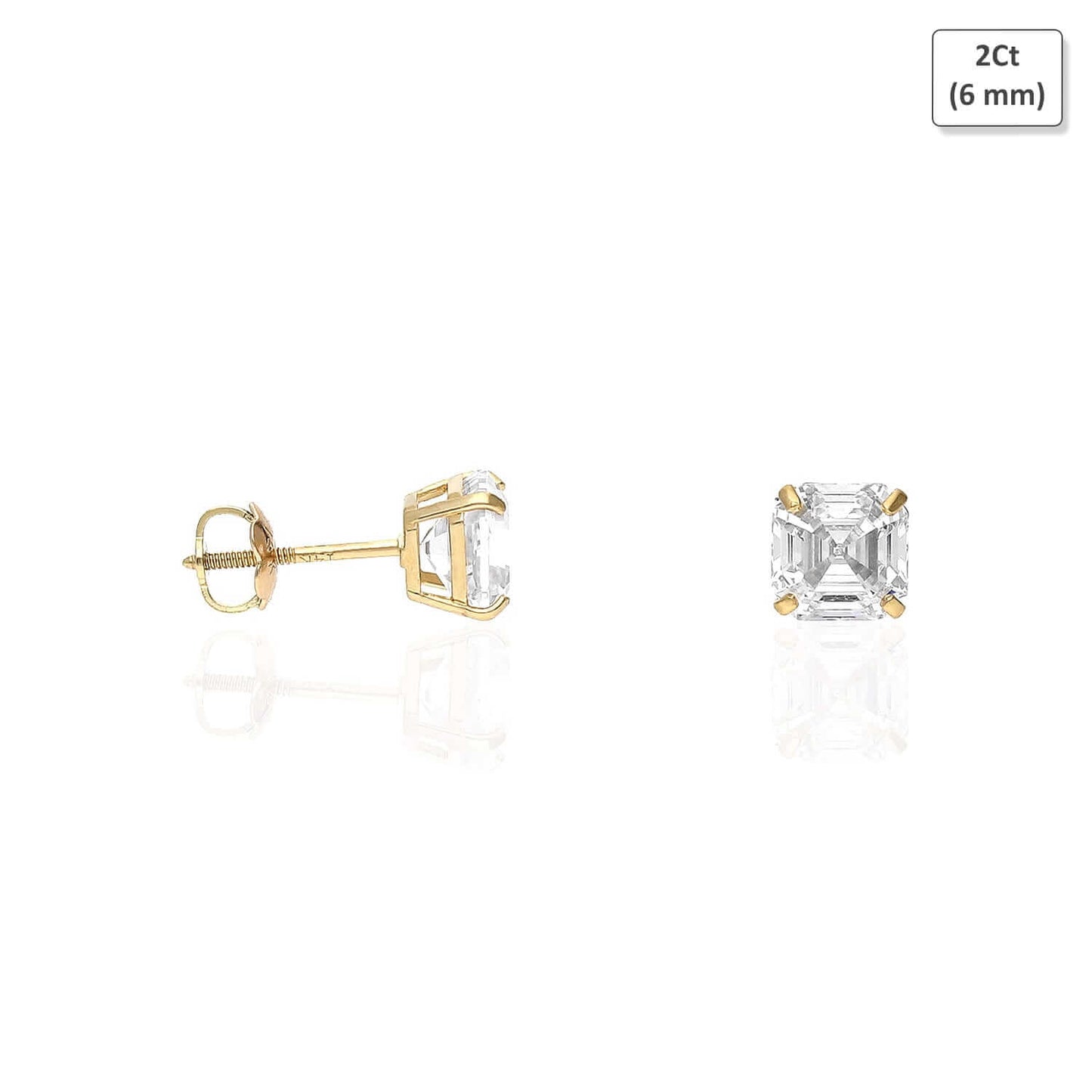 14K Yellow Gold Asscher-Cut CZ Screw Back Stud Earrings 1.5Ct-6Ct