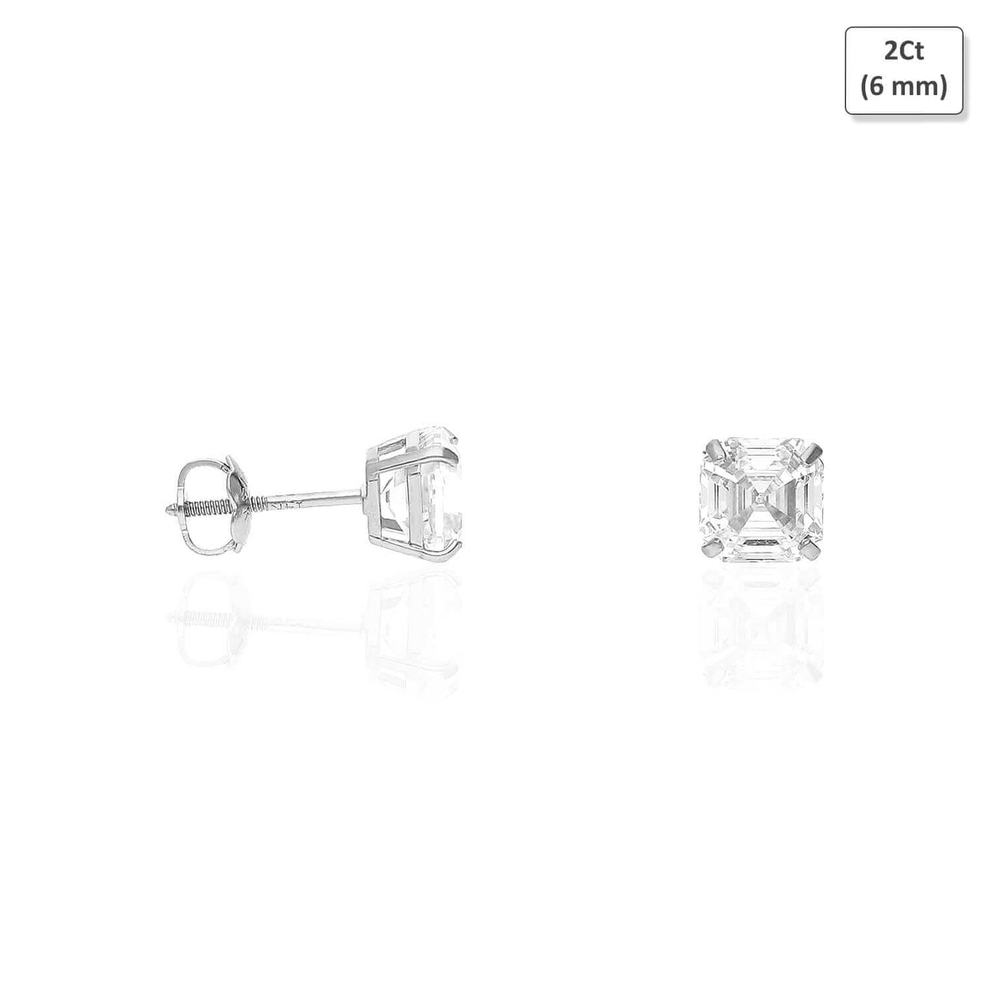 14K White Gold Asscher-Cut CZ Screw Back Stud Earrings 1.5Ct-6Ct
