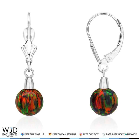 14K White Gold Black Fire Opal 7mm Ball Dangle Leverback Earrings