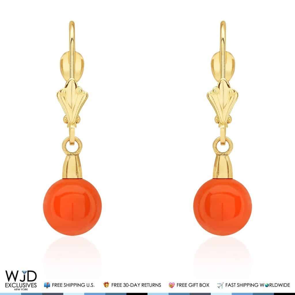 7 mm Ball Shaped Orange Coral Leverback Dangle Earrings 14K Solid Yellow Gold 1"