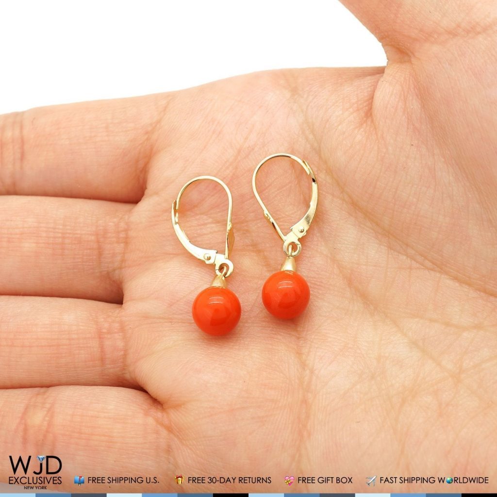 7 mm Ball Shaped Orange Coral Leverback Dangle Earrings 14K Solid Yellow Gold 1"
