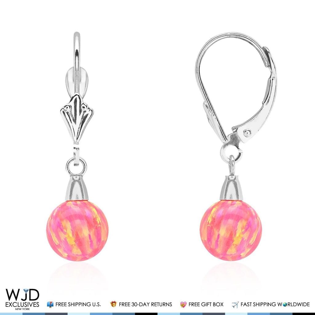 6mm-10mm Ball Peach Pink Fire Opal Leverback Dangle Earrings 14K White Gold