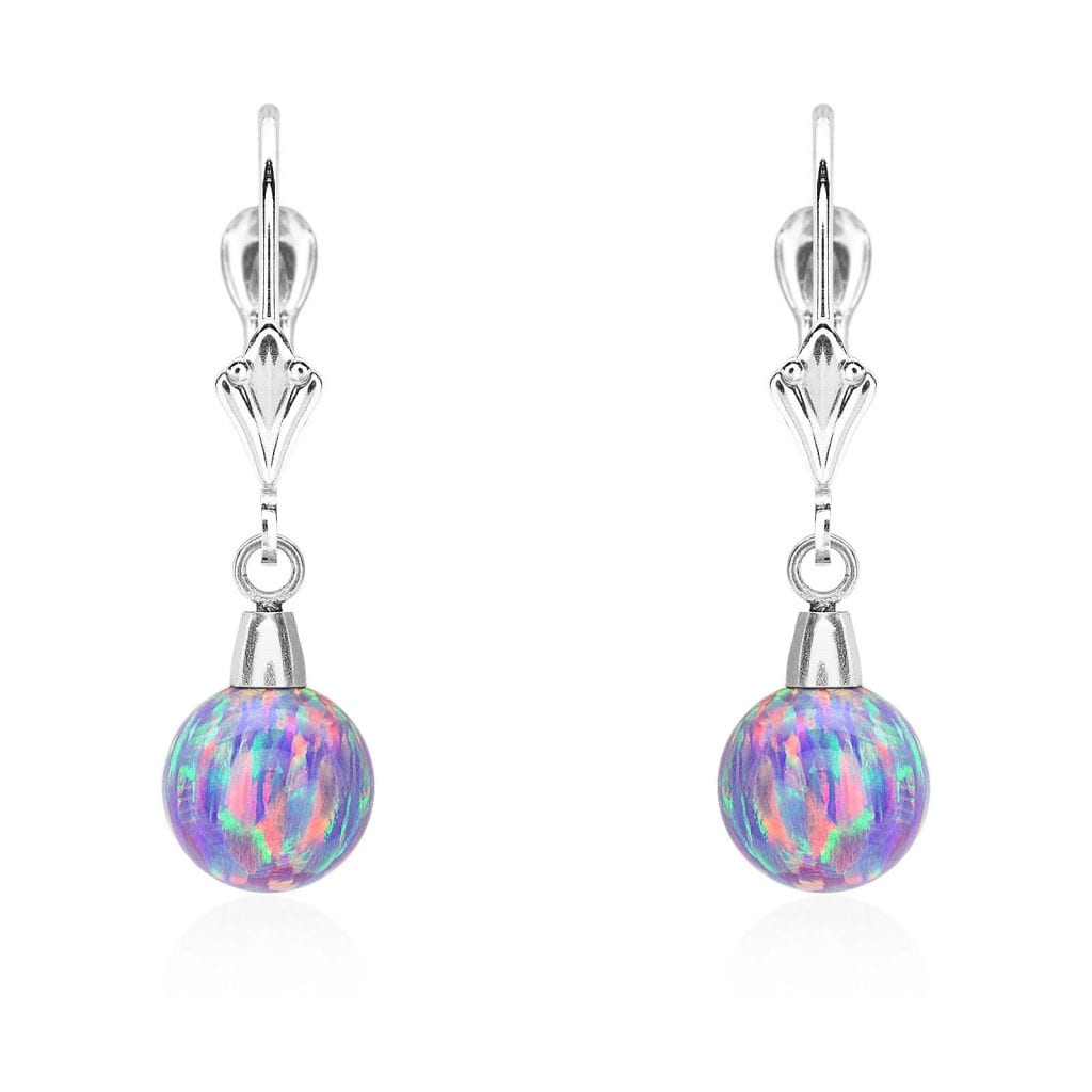 14K White Gold 7mm Purple Fire Opal Ball Leverback Dangle Earrings