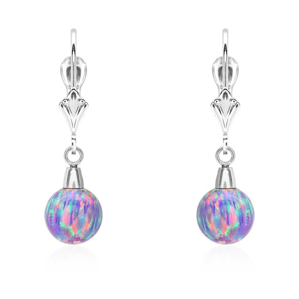 14K White Gold 7mm Purple Fire Opal Ball Leverback Dangle Earrings