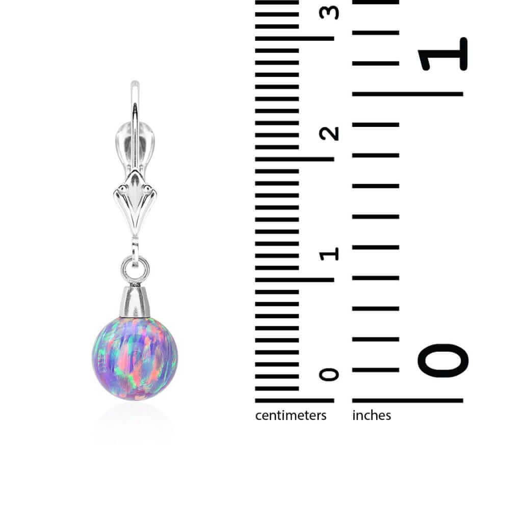 14K White Gold 7mm Purple Fire Opal Ball Leverback Dangle Earrings