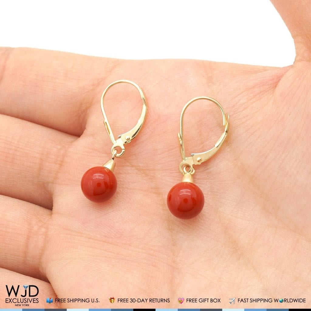 7 mm Ball Shaped Red Coral Leverback Dangle Earrings 14K Solid Yellow Gold 1"