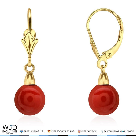 7mm Ball Shaped Red Coral Leverback Dangle Earrings 14K Yellow Gold 1"