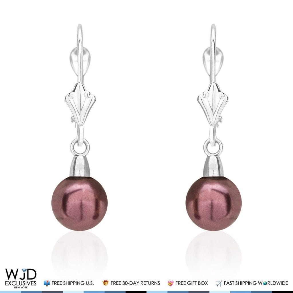 7 mm Black Pearl Leverback Dangle Drop Earrings 14K Solid White Gold 1"