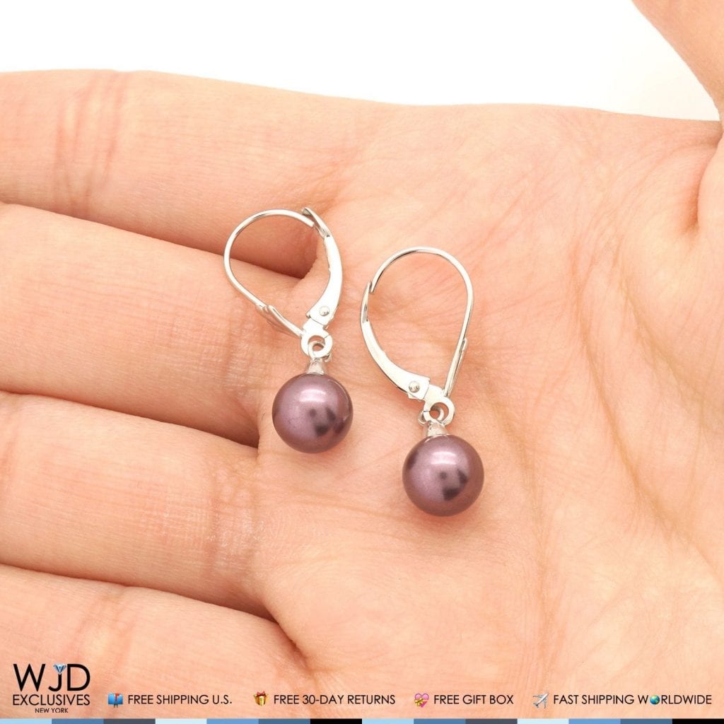 7 mm Black Pearl Leverback Dangle Drop Earrings 14K Solid White Gold 1"