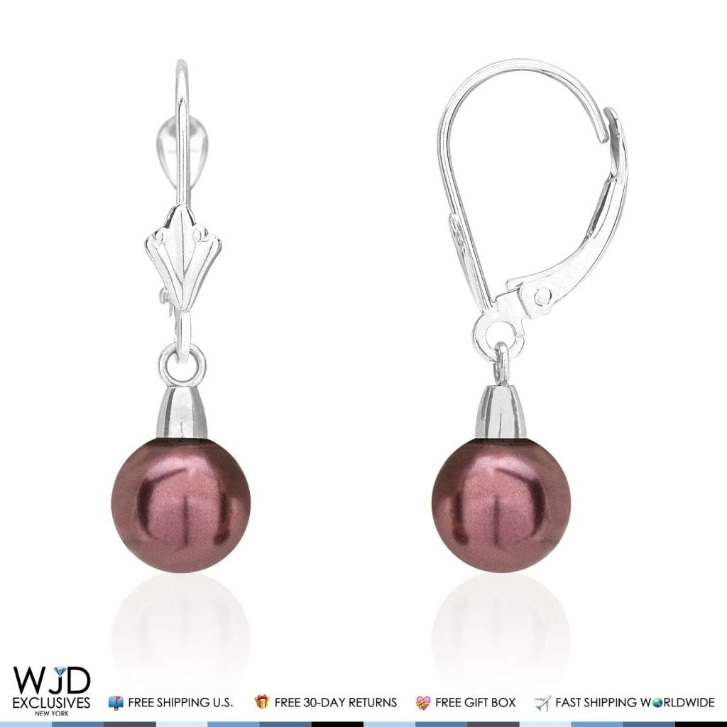 7 mm Black Pearl Leverback Dangle Drop Earrings 14K Solid White Gold 1"