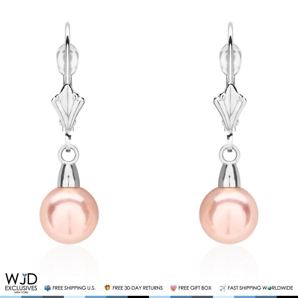 14K White Gold 7mm Diameter Pink Pearl Leverback Dangle Earrings 25mm