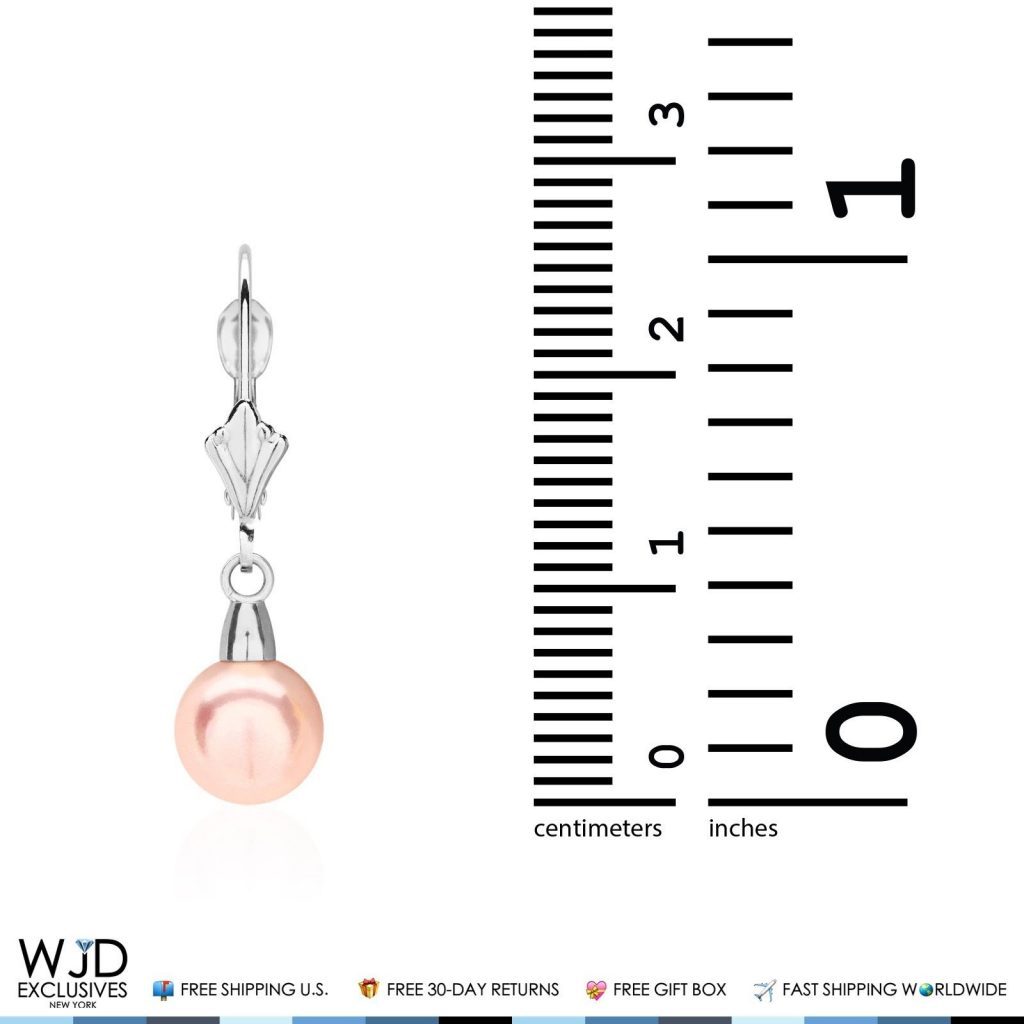 14K White Gold 7mm Diameter Pink Pearl Leverback Dangle Earrings 25mm
