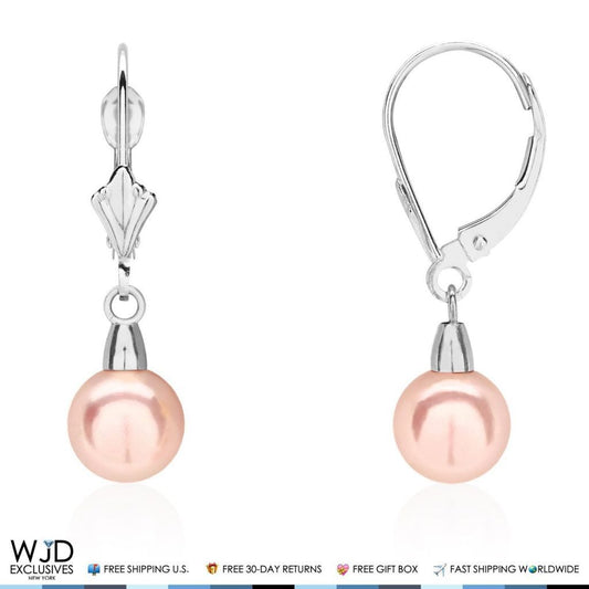 14K White Gold 7mm Diameter Pink Pearl Leverback Dangle Earrings 25mm