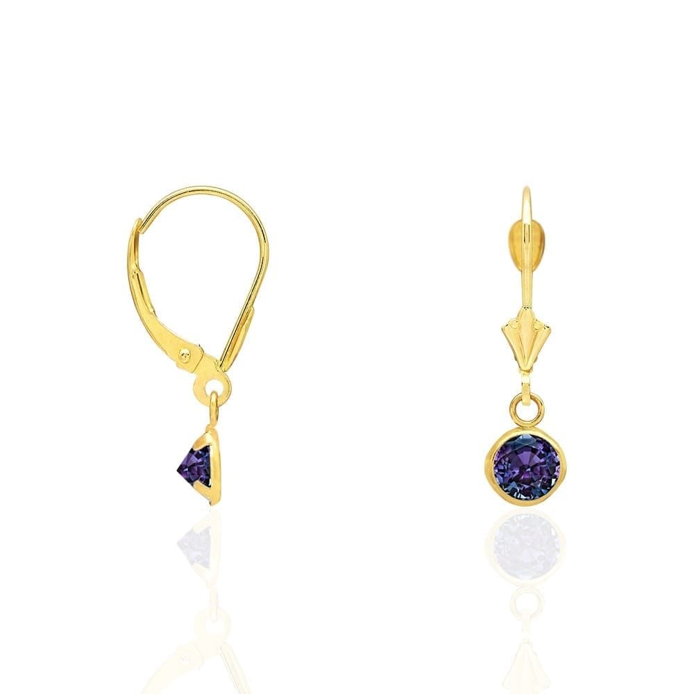 14k Yellow Gold Round Bezel Simulated Birthstone Drop Leverback Earrings