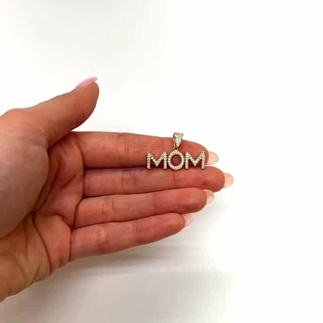 14K Yellow Gold CZ MOM Mother's Charm Pendant 0.7"