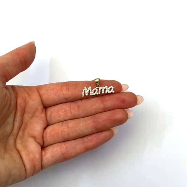 14K Yellow Gold CZ Mama Mother's Pendant 0.5"