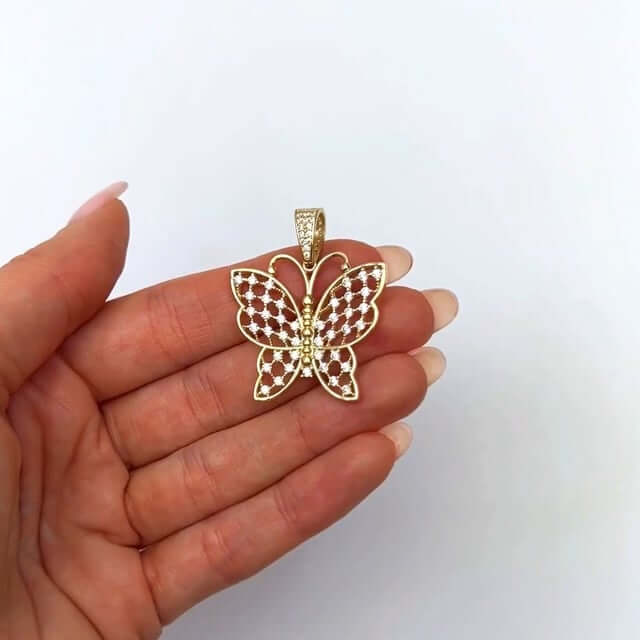 14K Yellow Gold CZ Butterfly Charm Pendant 1.4"