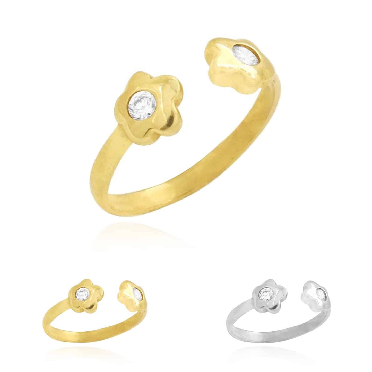 14k Gold Yellow White Midi Knuckle Simulated White Diamond Flower Ring 0.10Ct