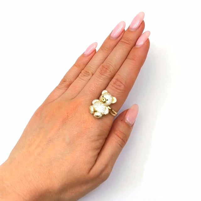 14K Real Gold Yellow CZ Pave Puffed Teddy Bear Ring
