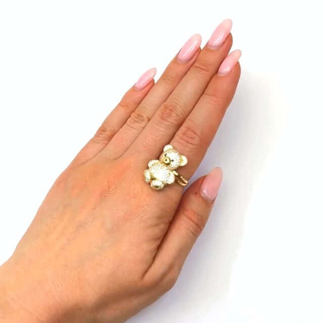 14K Gold Yellow CZ Pave Puffed Teddy Bear Ring