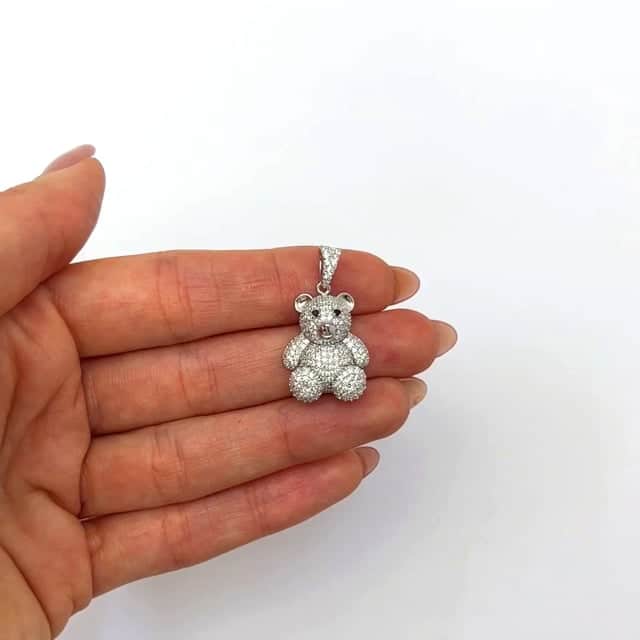 Gold Over Sterling Silver CZ Pave Puffed Teddy Bear Pendant 1.1"