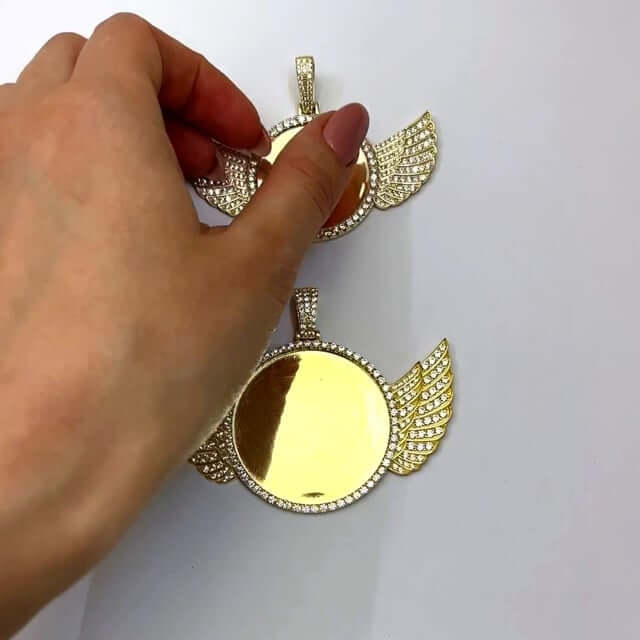 18k Yellow Gold Over Silver CZ Angel Wings Picture Memory Pendant
