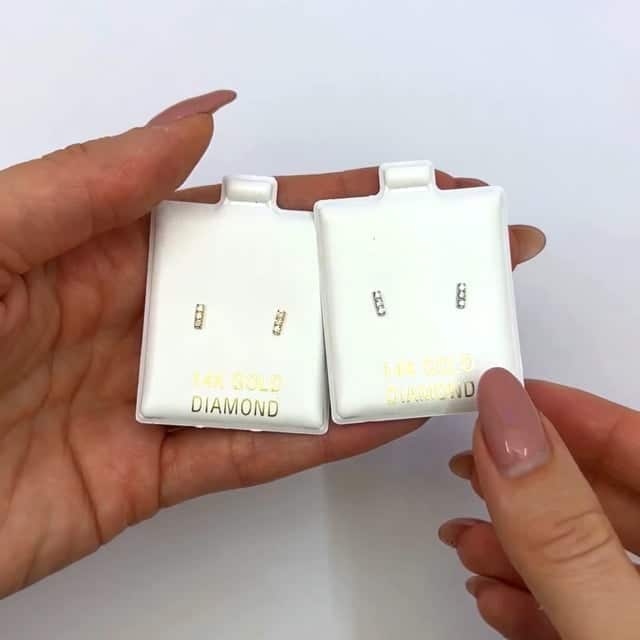 0.08CTW Real Diamond 14K Gold Mini 3-Stone Bar Stud Earrings 5mm