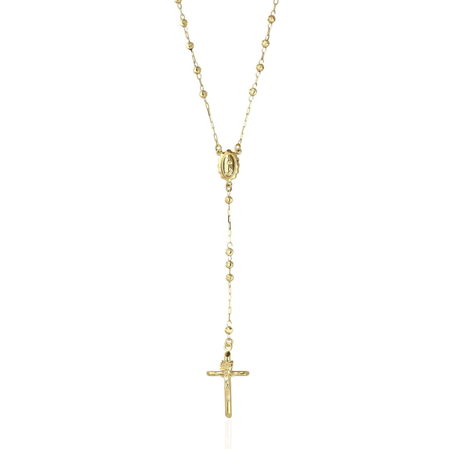 14k Yellow Gold Rosary Cross Moon Cut 3mm Beaded Necklace 26"