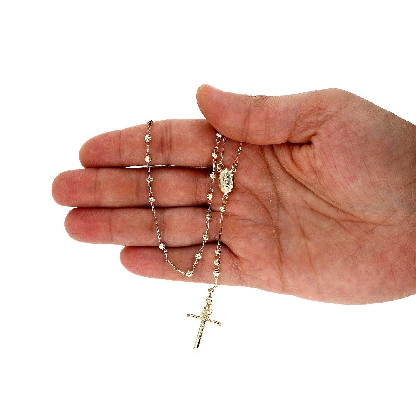 14k Yellow Gold Rosary Cross Moon Cut 3mm Beaded Necklace 26"