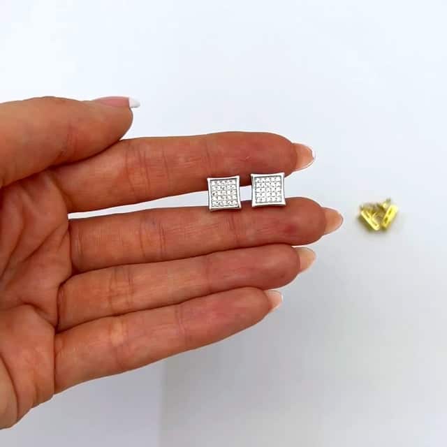 18K Gold Over Sterling Silver CZ Pave Square Stud Earrings 9mm