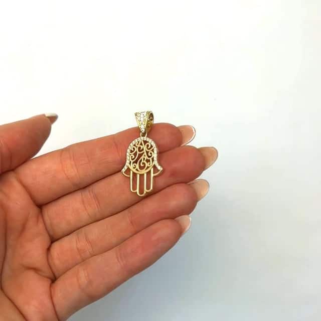 14K Yellow Gold CZ Cut-Out Hamsa Charm Pendant 1.2"