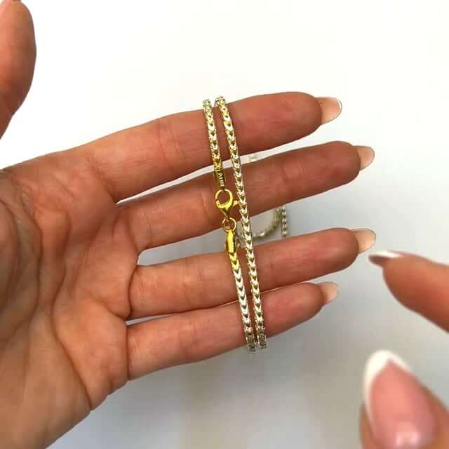 Solid 18K Yellow Gold Over Silver 2mm White Pave Franco Chain 18"-24"