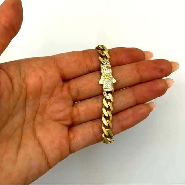 14K Real Gold CZ Pave Box Clasp 7mm Miami Bracelet Anklet 10"