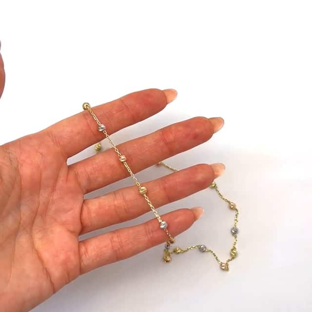 14K Gold Tri-Color Moon-Cut Ball Beads Station Necklace 17.5"-18.5" Adjustable