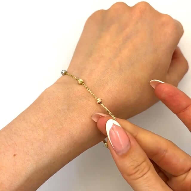 14K Gold Tri-Color Moon-Cut Ball Beads Station Bracelet 7"-8" Adjustable